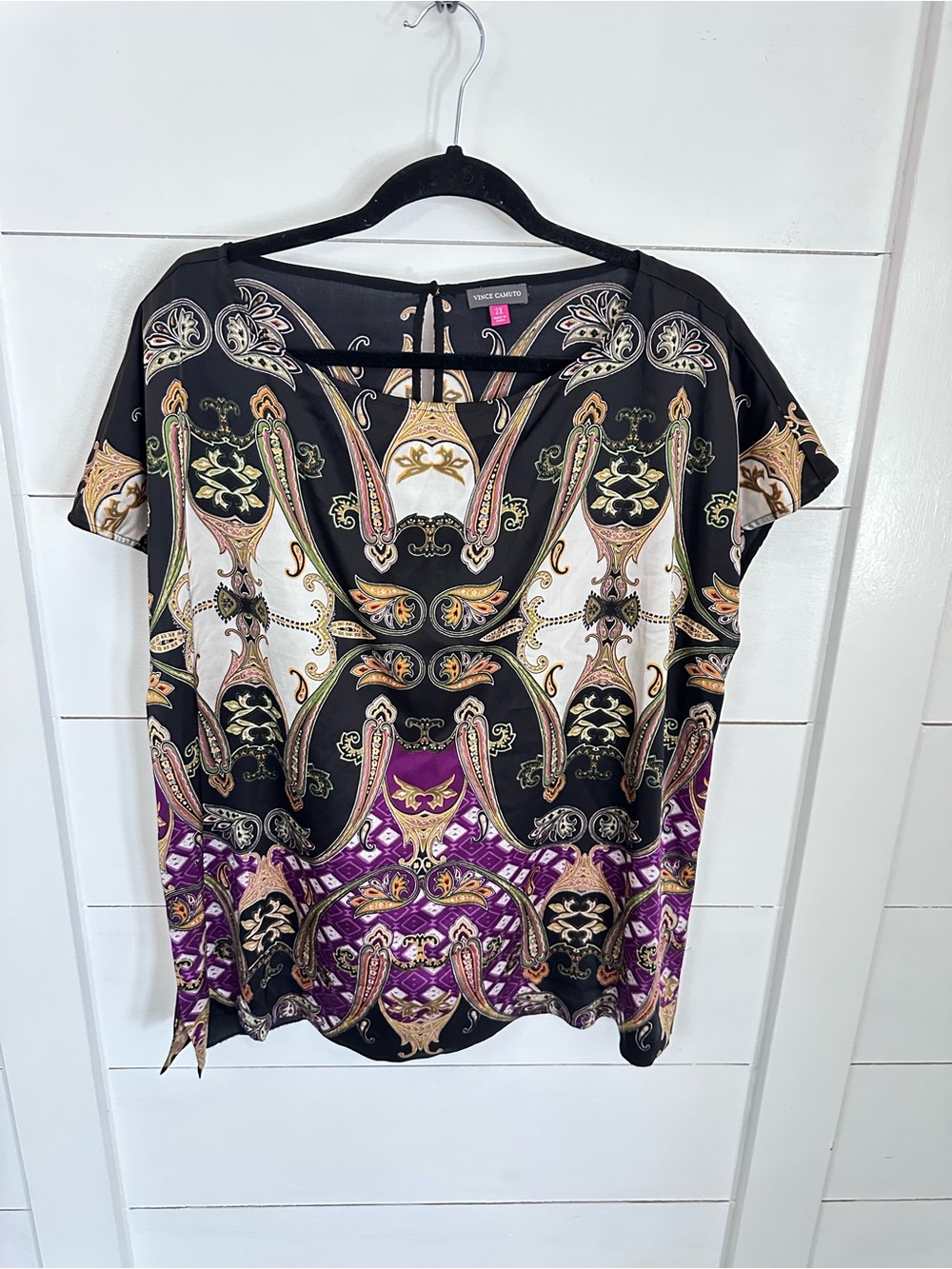 Vince Camuto 2X Satin classic short sleeve old money coastal lightweight blouse - Picture 2 of 11